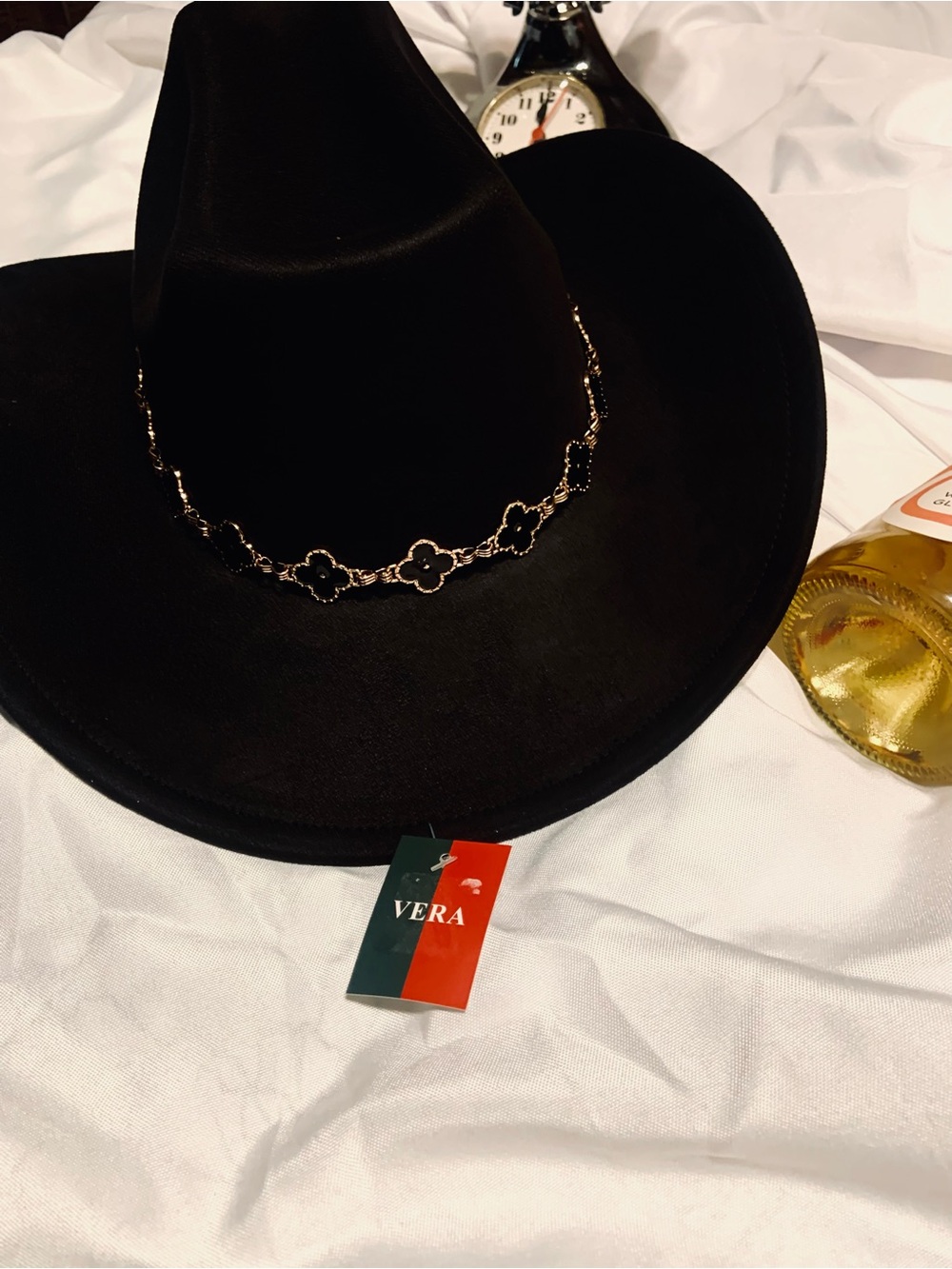 Black Women's Felt Cowboy Hat/ Gold Chain Detai WITH FREE GLAM JEWELRY - Picture 2 of 8